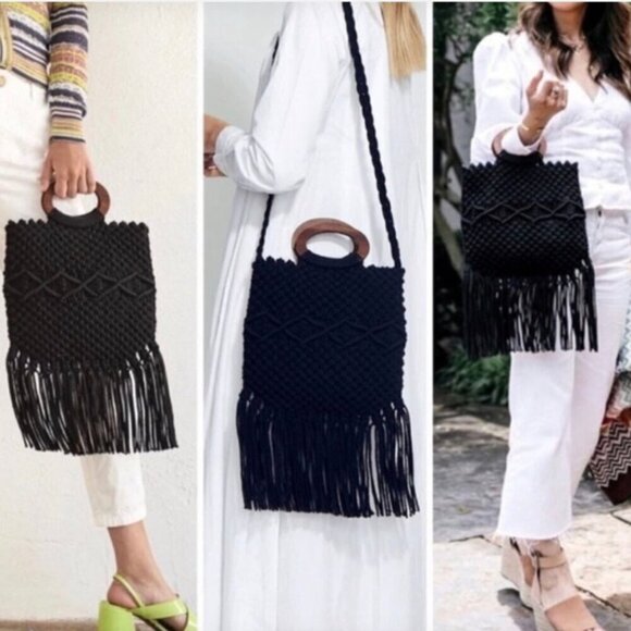 Danielle Nicole Crochet Macrame Handbag in Black - Picture 1 of 1